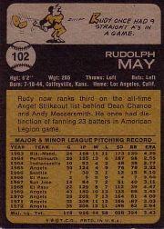 1973 Topps #102 Rudy May back image