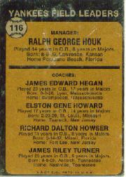 1973 Topps #116A Ralph Houk MG/Jim Hegan CO/Elston Howard CO/Dick Howser CO/Jim Turner CO/Solid backgrounds back image