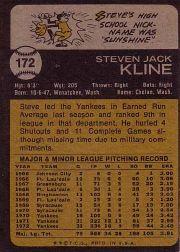 1973 Topps #172 Steve Kline back image