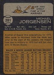 1973 Topps #281 Mike Jorgensen back image