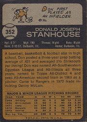 1973 Topps #352 Don Stanhouse RC back image