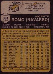 1973 Topps #381 Vicente Romo back image