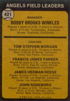 1973 Topps #421A Bobby Winkles MG RC/Tom Morgan CO/Salty Parker CO/Jimmie Reese CO/John Roseboro CO/Orange background back image