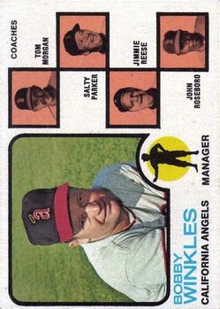 1973 Topps #421A Bobby Winkles MG RC/Tom Morgan CO/Salty Parker CO/Jimmie Reese CO/John Roseboro CO/Orange background