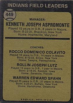 1973 Topps #449B Ken Aspromonte MG/Rocky Colavito CO/Joe Lutz CO/Warren Spahn CO/Spahn's right/ear round back image