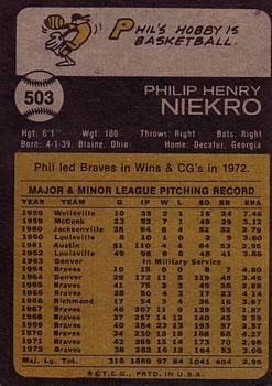 1973 Topps #503 Phil Niekro back image