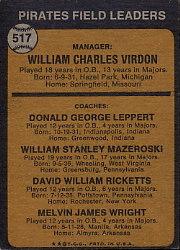 1973 Topps #517A Bill Virdon MG/Don Leppert CO/Bill Mazeroski CO/Dave Ricketts CO/Mel Wright CO/Mazeroski has/no right ear back image