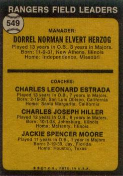 1973 Topps #549 Whitey Herzog MG/Chuck Estrada CO/Chuck Hiller CO/Jackie Moore CO back image