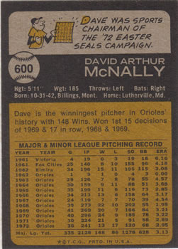 1973 Topps #600 Dave McNally back image