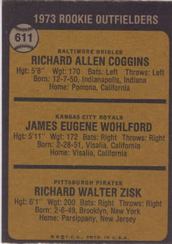 1973 Topps #611 Rookie Outfielders/Rich Coggins RC/Jim Wohlford RC/Richie Zisk back image
