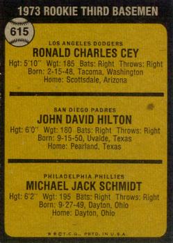1973 Topps #615 Rookie Third Basemen/Ron Cey/John Hilton RC/Mike Schmidt RC back image