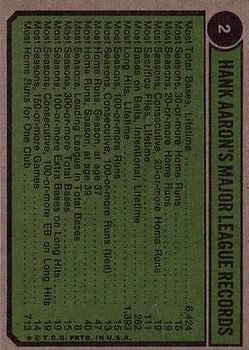 1974 Topps #2 Hank Aaron 54-57 back image