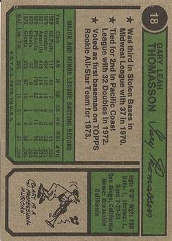1974 Topps #18 Gary Thomasson RC back image