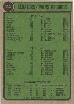 1974 Topps #74 Minnesota Twins TC back image