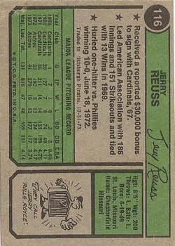 1974 Topps #116 Jerry Reuss back image