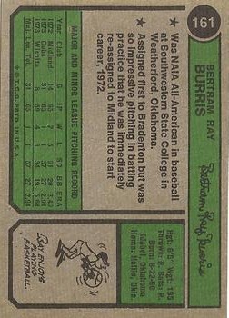 1974 Topps #161 Ray Burris RC/UER Card number is/printed sideways back image