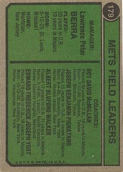 1974 Topps #179 Yogi Berra MG/Rube Walker CO/Eddie Yost CO/Roy McMillan CO/Joe Pignatano CO back image