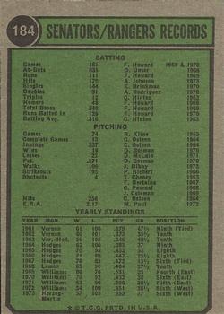 1974 Topps #184 Texas Rangers TC back image
