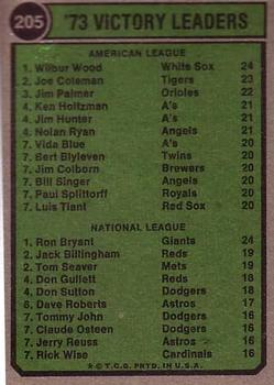 1974 Topps #205 Victory Leaders/Wilbur Wood/Ron Bryant back image