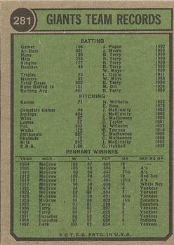 1974 Topps #281 San Francisco Giants TC back image