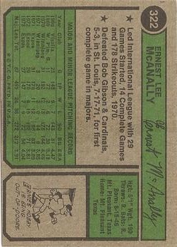 1974 Topps #322 Ernie McAnally back image