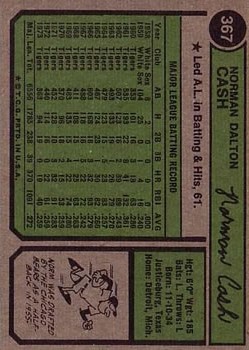 1974 Topps #367 Norm Cash back image