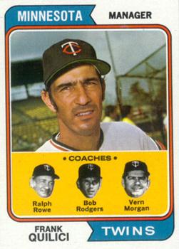 1974 Topps #447 Frank Quilici MG/Ralph Rowe CO/Bob Rodgers CO/Vern Morgan CO