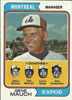1974 Topps #531 Gene Mauch MG/Dave Bristol CO/Cal McLish CO/Larry Doby CO/Jerry Zimmerman CO