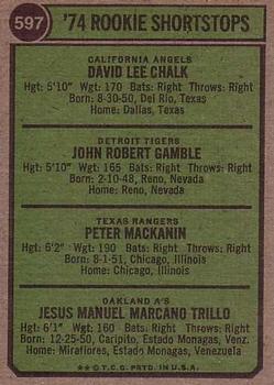 1974 Topps #597 Rookie Infielders/Dave Chalk RC/John Gamble RC/Pete MacKanin RC/Manny Trillo RC back image