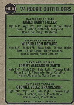 1974 Topps #606 Rookie Outfielders/Jim Fuller RC/Wilbur Howard RC/Tommy Smith RC/Otto Velez RC back image