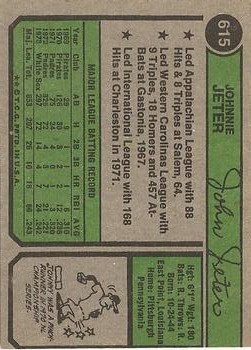 1974 Topps #615 Johnny Jeter UER/Misspelled Johnnie/on card back back image