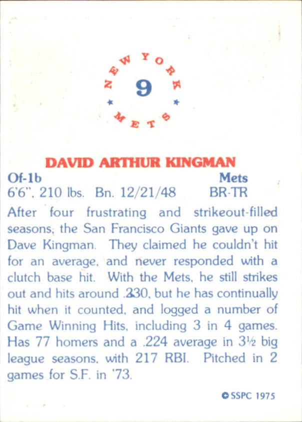 1975 Mets SSPC #9 Dave Kingman back image