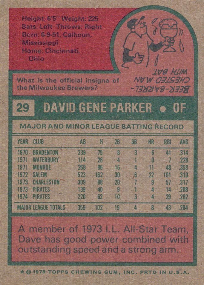 1975 Topps #29 Dave Parker back image