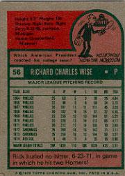 1975 Topps #56 Rick Wise back image