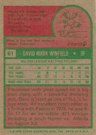 1975 Topps #61 Dave Winfield back image