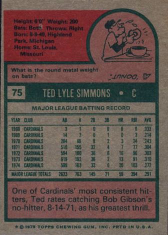 1975 Topps #75 Ted Simmons back image