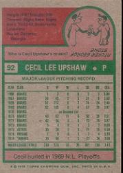 1975 Topps #92 Cecil Upshaw back image