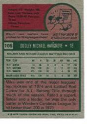 1975 Topps #106 Mike Hargrove RC/UER Gastonia At-Bats are wrong back image
