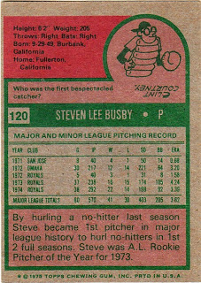 1975 Topps #120 Steve Busby UER/(Photo actually/Fran Healy) back image