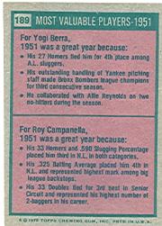 1975 Topps #189 Yogi Berra/Roy Campanella MVP/Campanella card never issued back image
