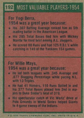 1975 Topps #192 Yogi Berra/Willie Mays MVP back image