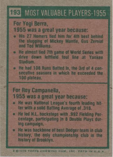 1975 Topps #193 Yogi Berra/Roy Campanella MVP/Campanella card never issued/he is pictured with LA cap back image