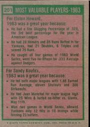 1975 Topps #201 Elston Howard/Sandy Koufax MVP back image