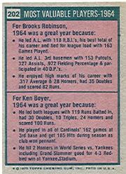 1975 Topps #202 Brooks Robinson/Ken Boyer MVP back image