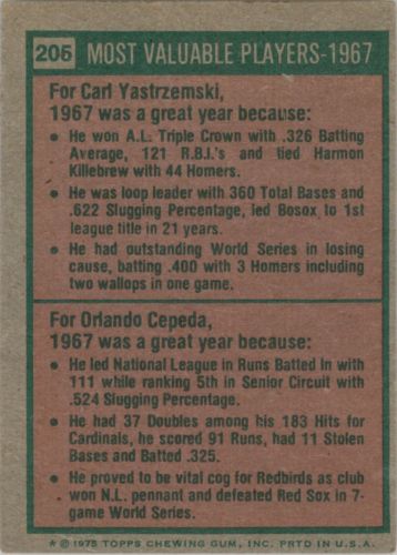 1975 Topps #205 Carl Yastrzemski/Orlando Cepeda MVP back image
