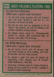 1975 Topps #207 Harmon Killebrew/Willie McCovey MVP back image