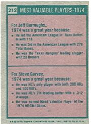 1975 Topps #212 Jeff Burroughs/Steve Garvey MVP back image