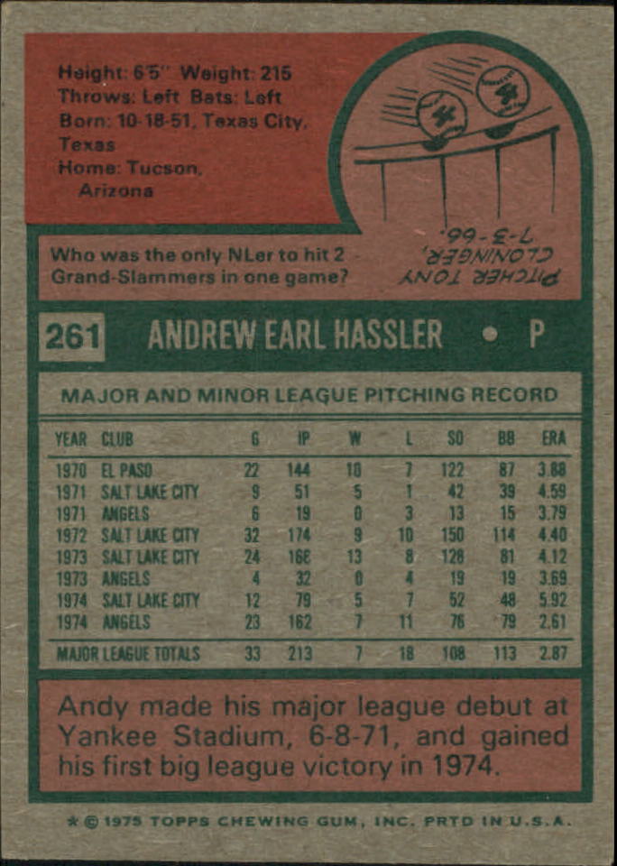 1975 Topps #261 Andy Hassler RC back image