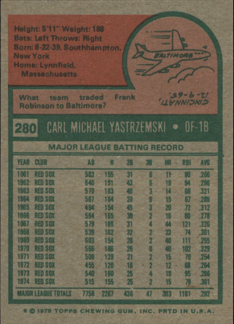 1975 Topps #280 Carl Yastrzemski back image