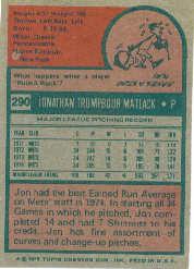 1975 Topps #290 Jon Matlack back image